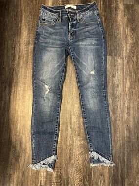 Kancan Women’s Blue Distressed Skinny Jeans - Frayed Hem
